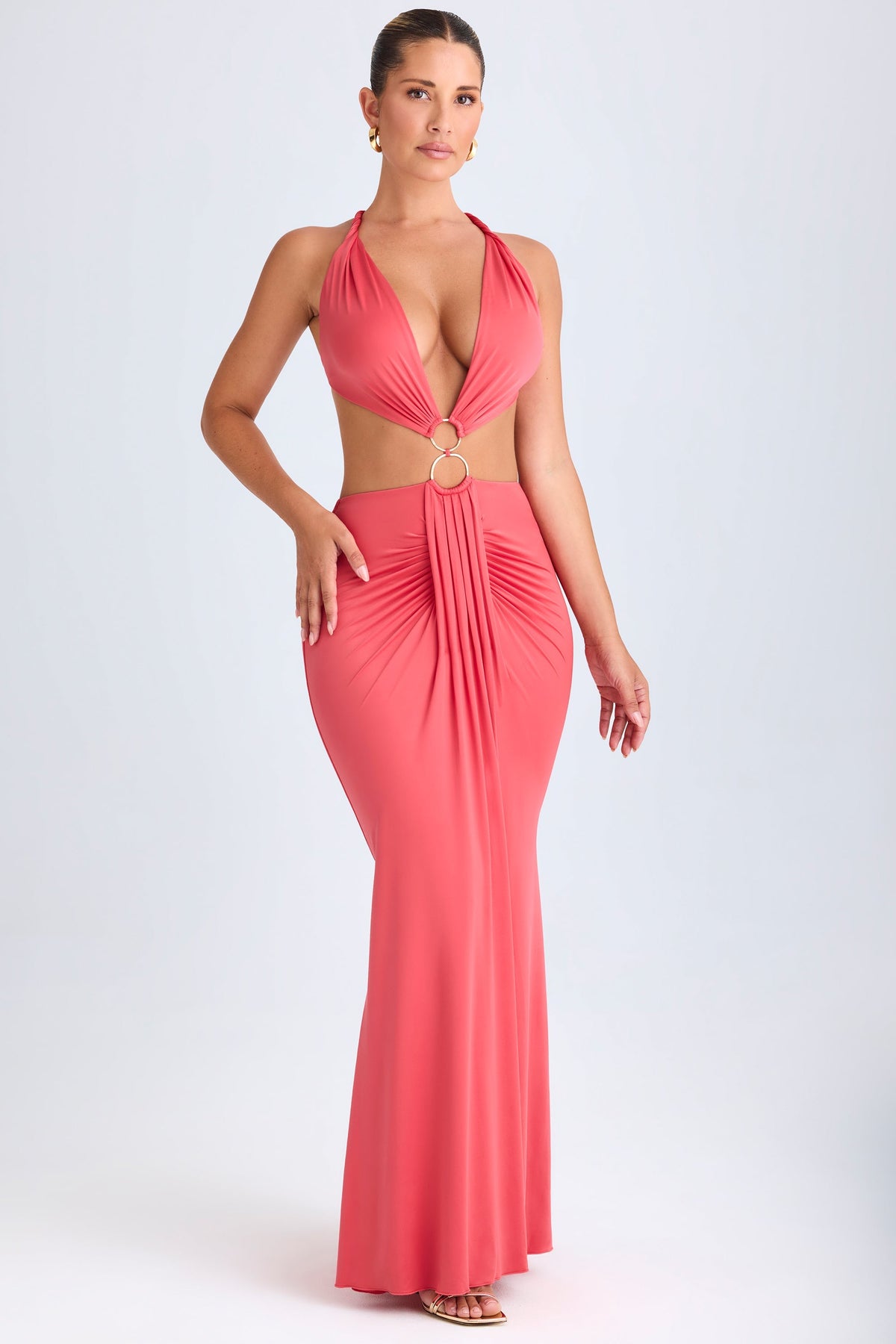Chic Hardware Detail Cut-Out Halterneck Maxi Dress in Coral