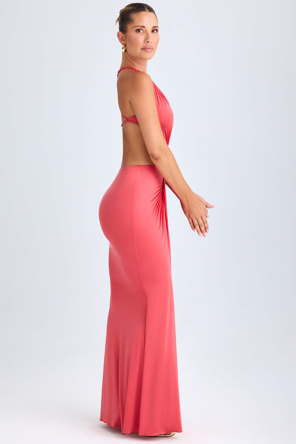 Chic Hardware Detail Cut-Out Halterneck Maxi Dress in Coral