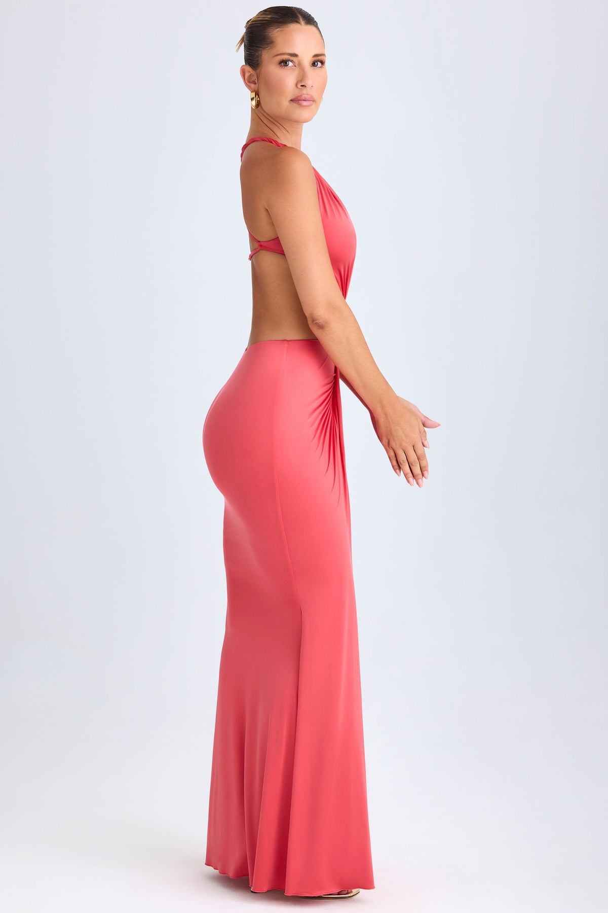 Chic Hardware Detail Cut-Out Halterneck Maxi Dress in Coral