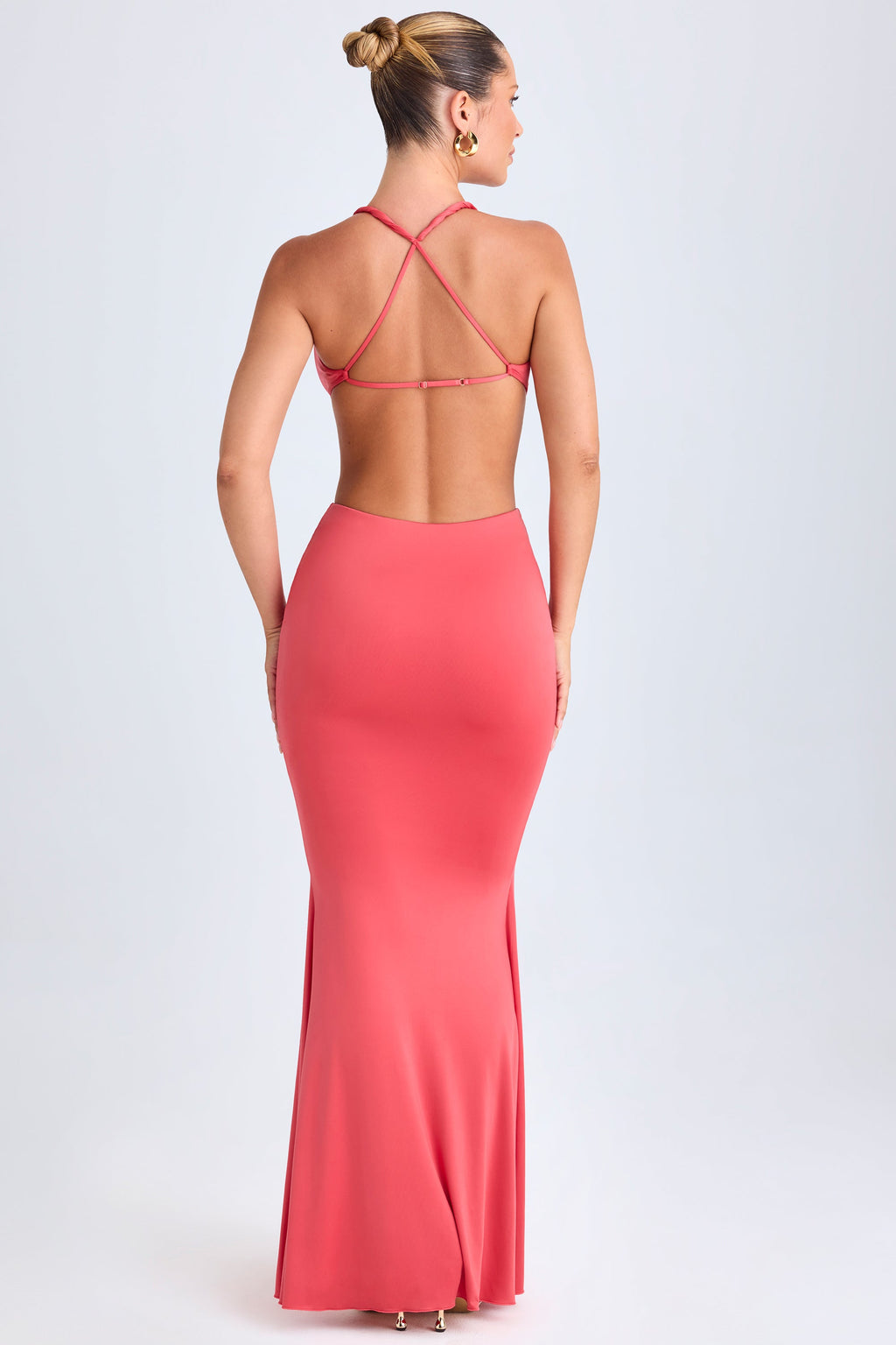 Chic Hardware Detail Cut-Out Halterneck Maxi Dress in Coral