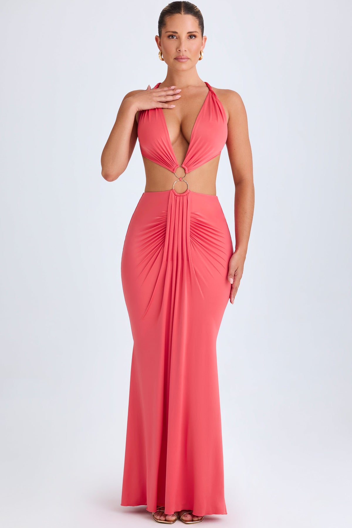 Chic Hardware Detail Cut-Out Halterneck Maxi Dress in Coral