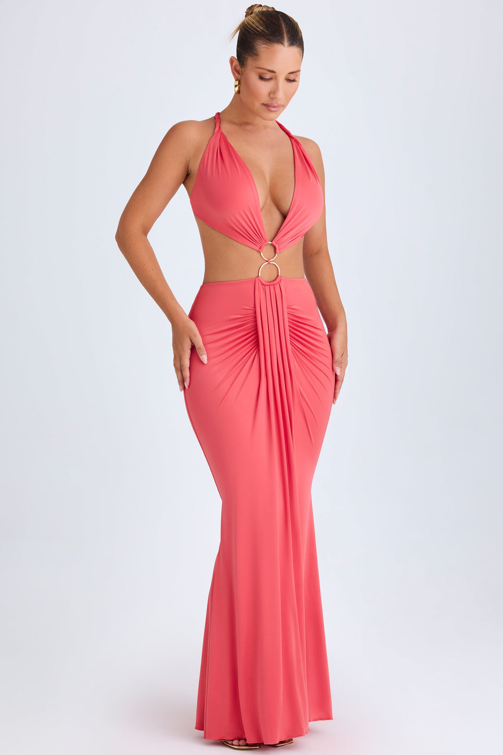 Chic Hardware Detail Cut-Out Halterneck Maxi Dress in Coral