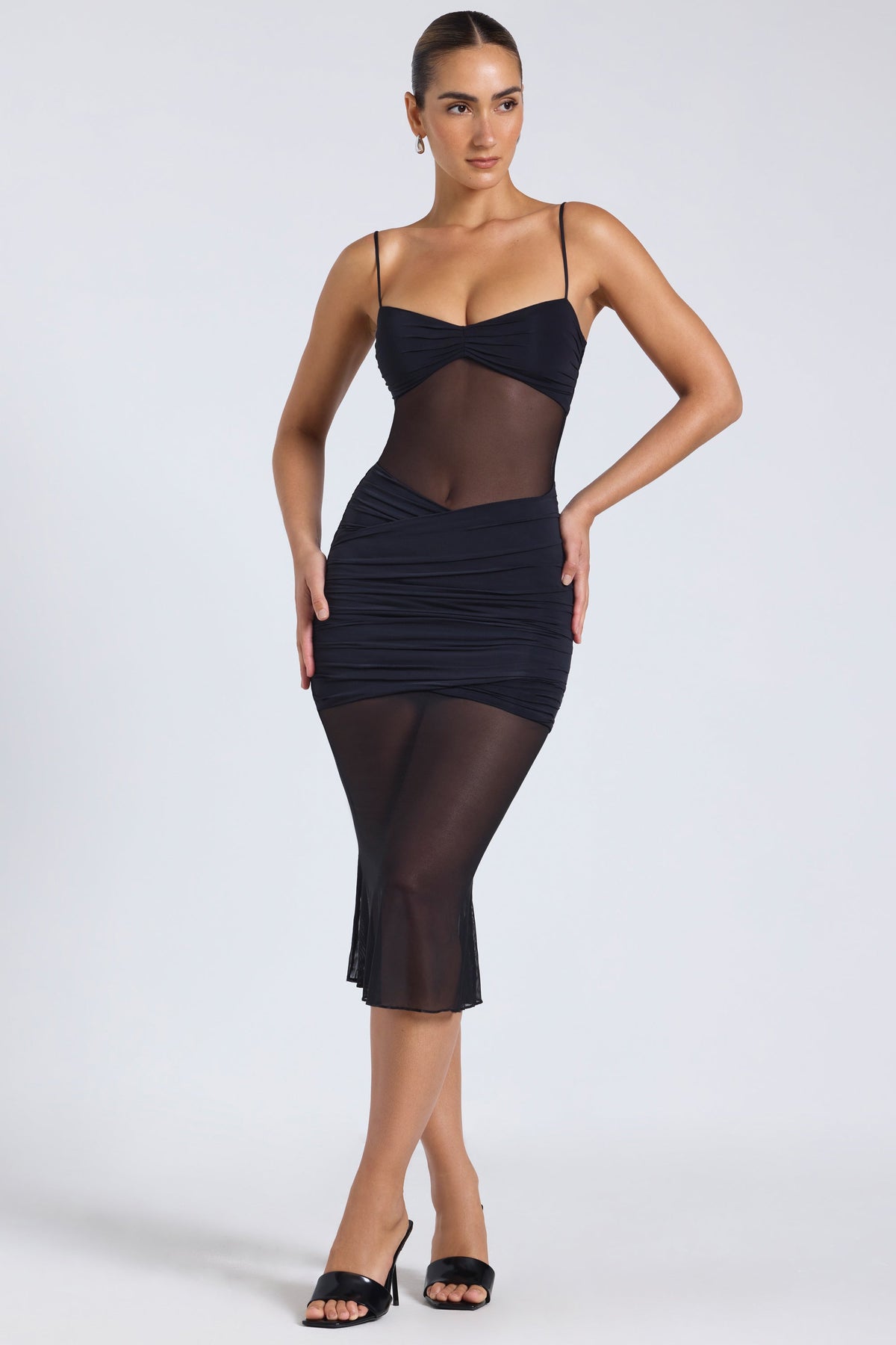 Chic Sheer Panelled Draped Midaxi Dress in Black