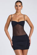 Chic Sheer Panelled Ruched Mini Dress in Black