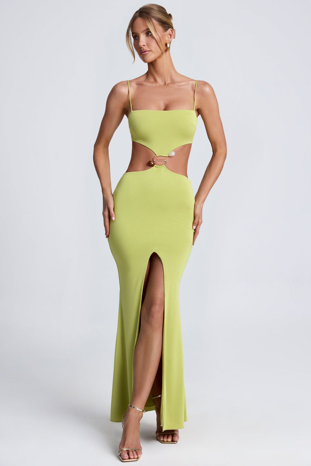 Chic Hardware Detail Cut-Out Maxi Dress in Olive Green