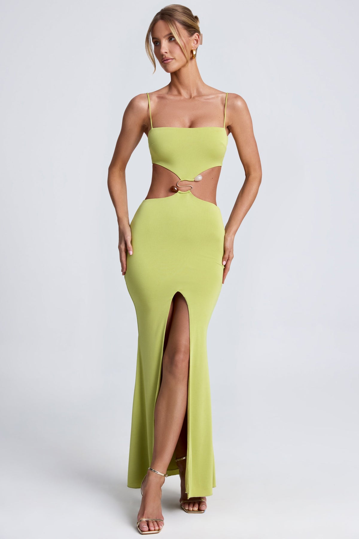Chic Hardware Detail Cut-Out Maxi Dress in Olive Green