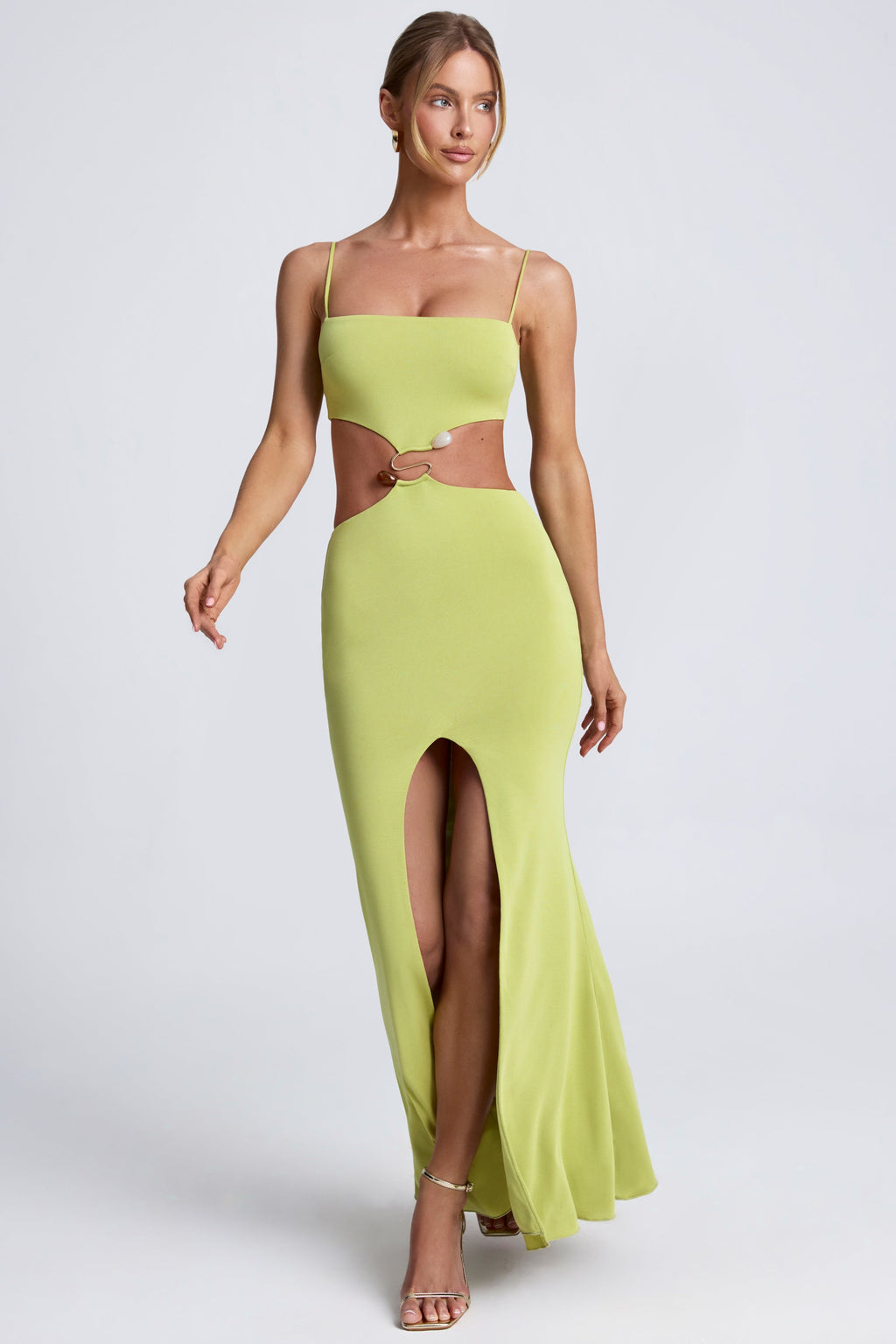 Chic Hardware Detail Cut-Out Maxi Dress in Olive Green
