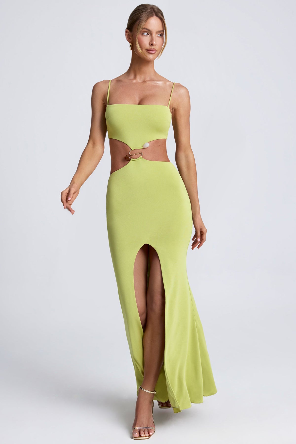 Chic Hardware Detail Cut-Out Maxi Dress in Olive Green