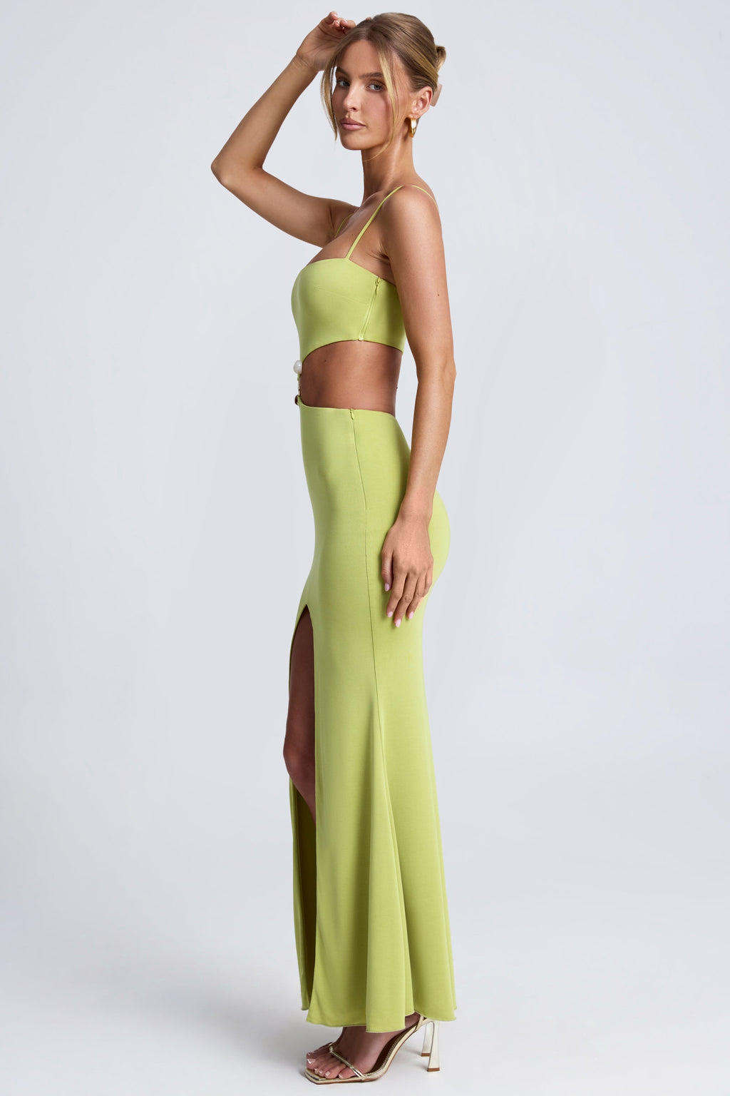Chic Hardware Detail Cut-Out Maxi Dress in Olive Green