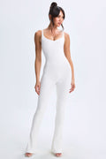 Chic Modal Plunge Open-Back Flared Jumpsuit in White