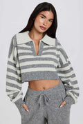 Chic Soft Knit Layered Collar Cropped Jumper in Grey Stripe