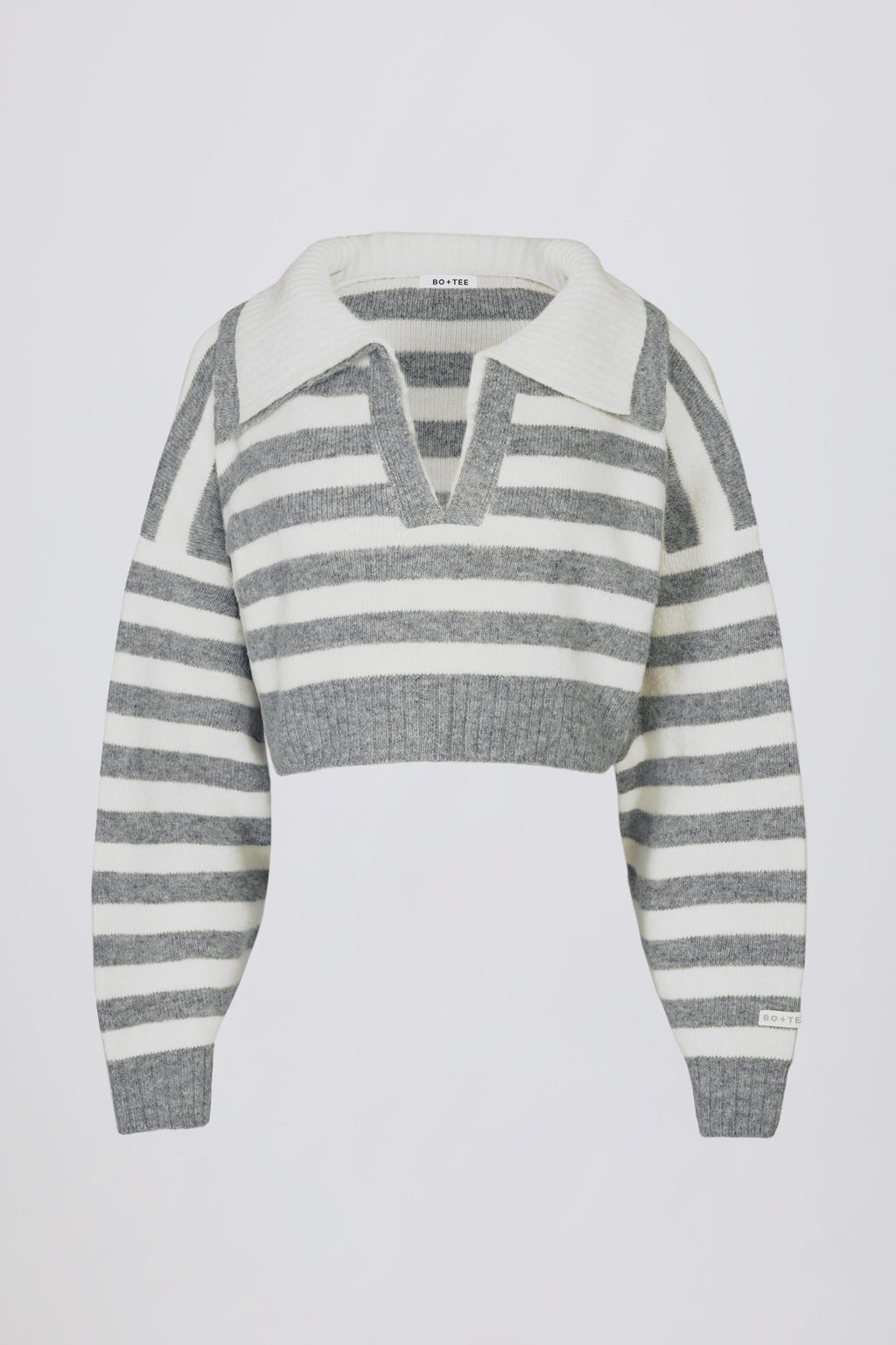 Chic Soft Knit Layered Collar Cropped Jumper in Grey Stripe