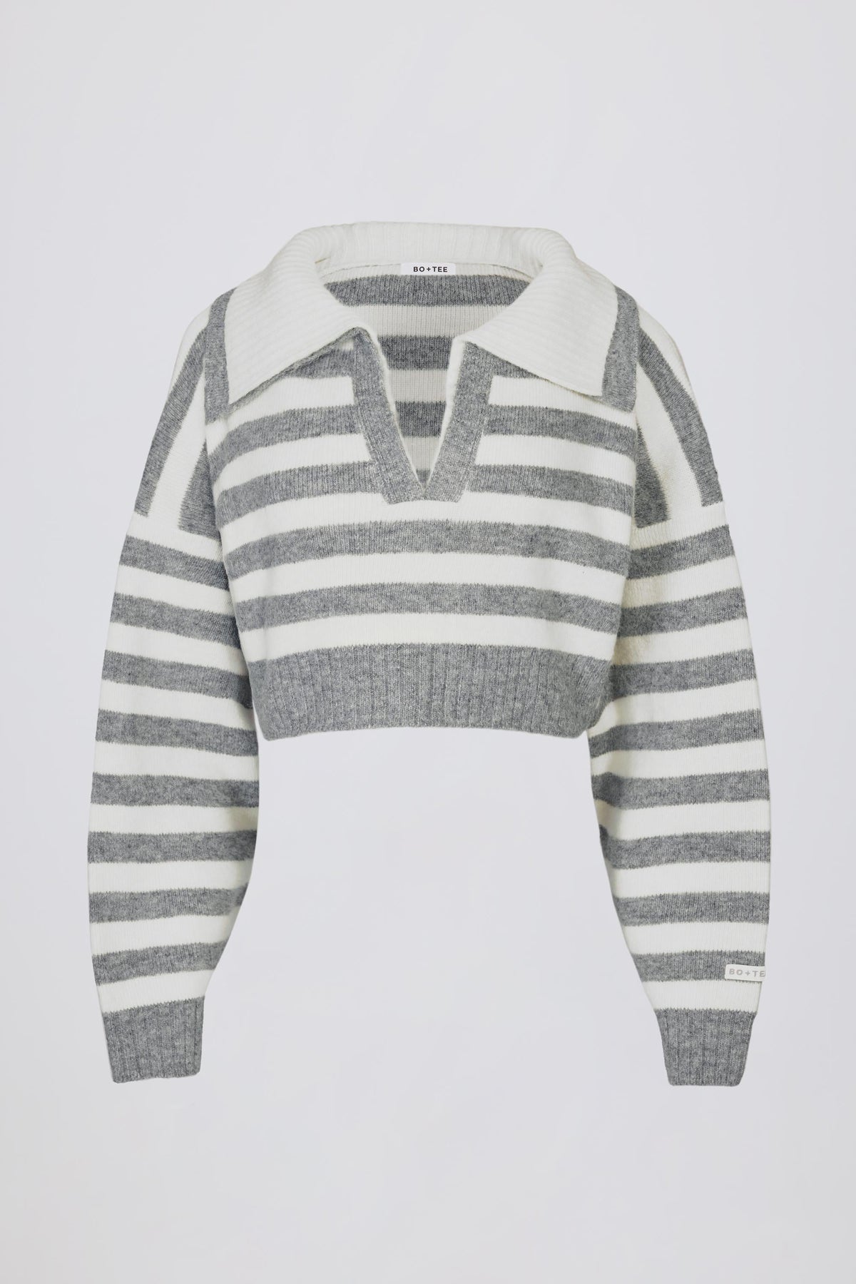 Chic Soft Knit Layered Collar Cropped Jumper in Grey Stripe