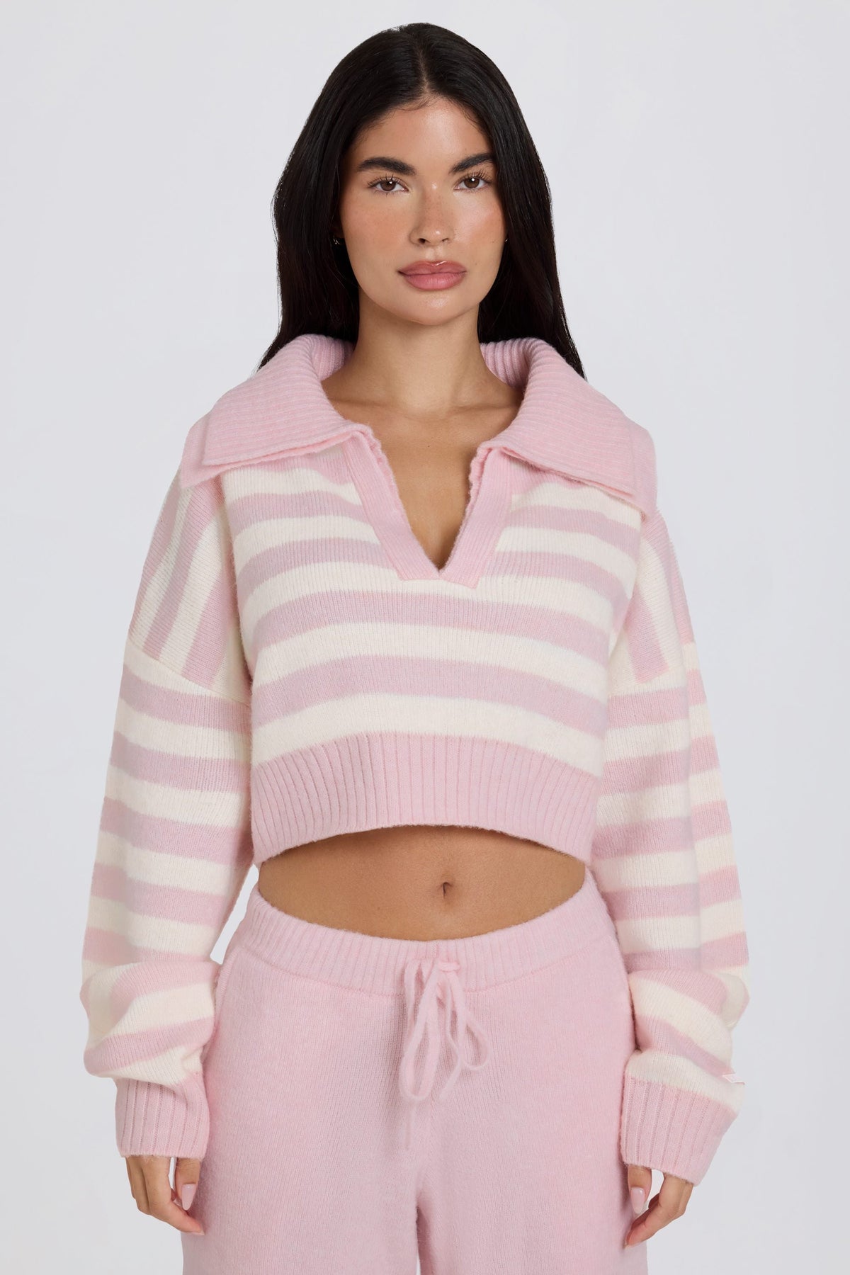 Chic Soft Knit Layered Collar Cropped Jumper in Pink Stripe