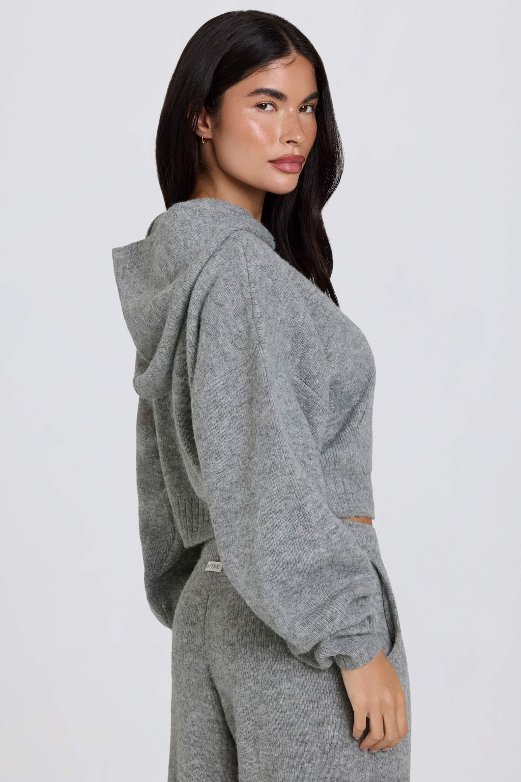 Chic Soft Knit Zip-Up Cropped Hoodie in Grey