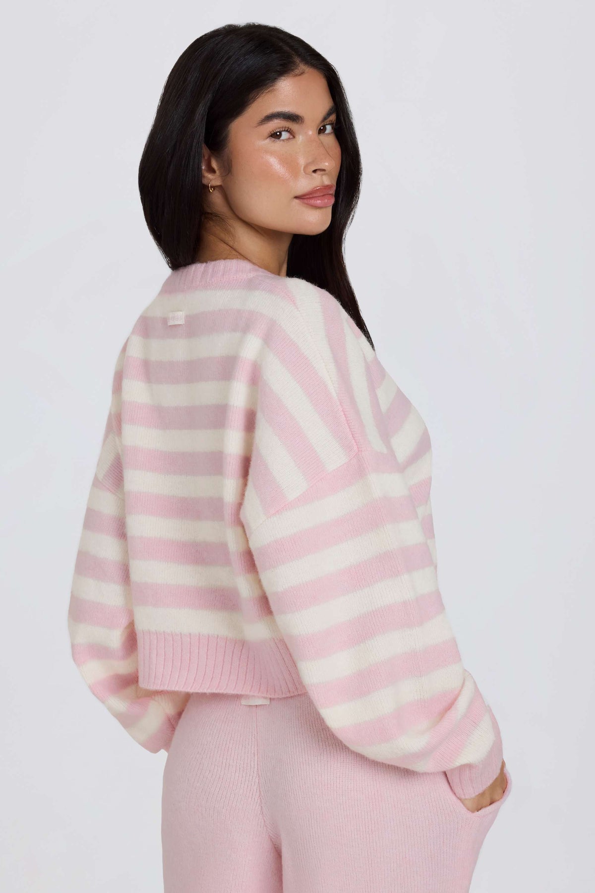 Chic Soft Knit Stripe Cropped Cardigan in Pink Stripe