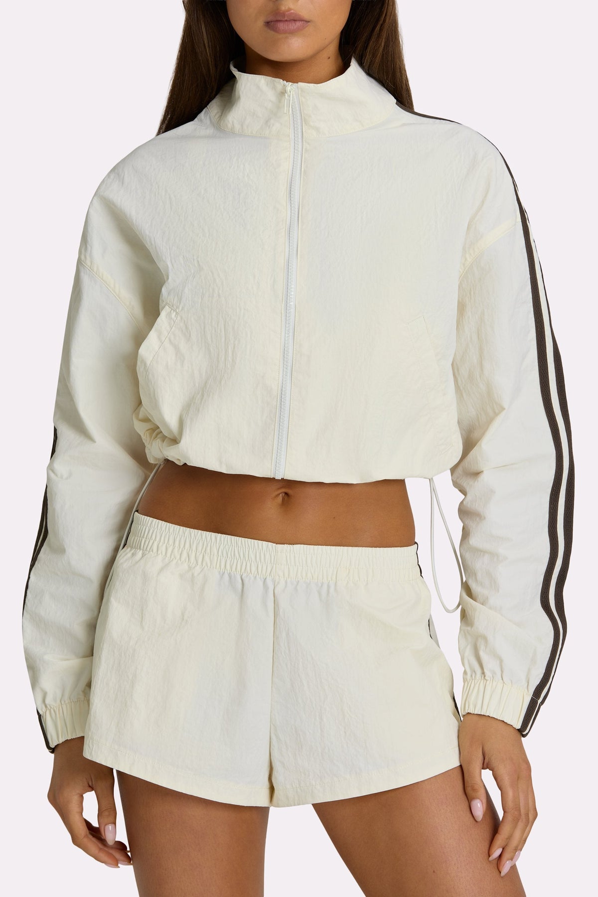 Chic Woven Zip-Up Track Jacket in Coconut