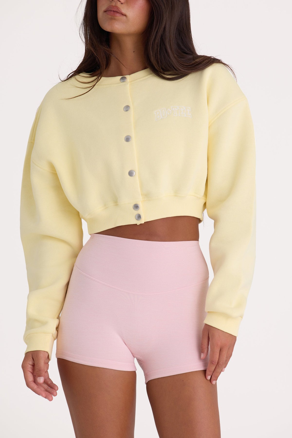 Chic Brushed Jersey Button-Up Cropped Cardigan in Lemon