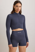 Chic FlexiRib Zip-Up Cropped Jacket in Indigo Slate