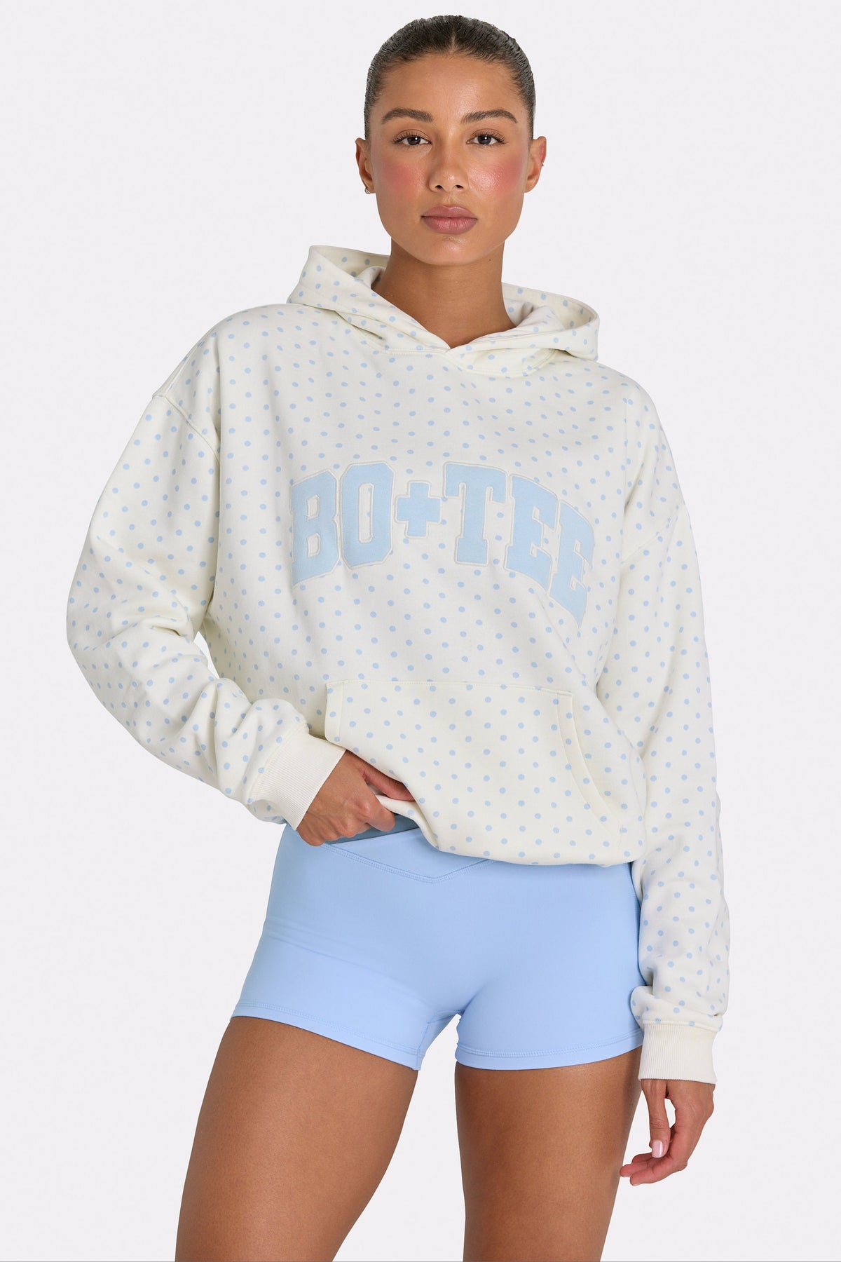 Chic Oversized Applique Hoodie in Coconut Polka Dot