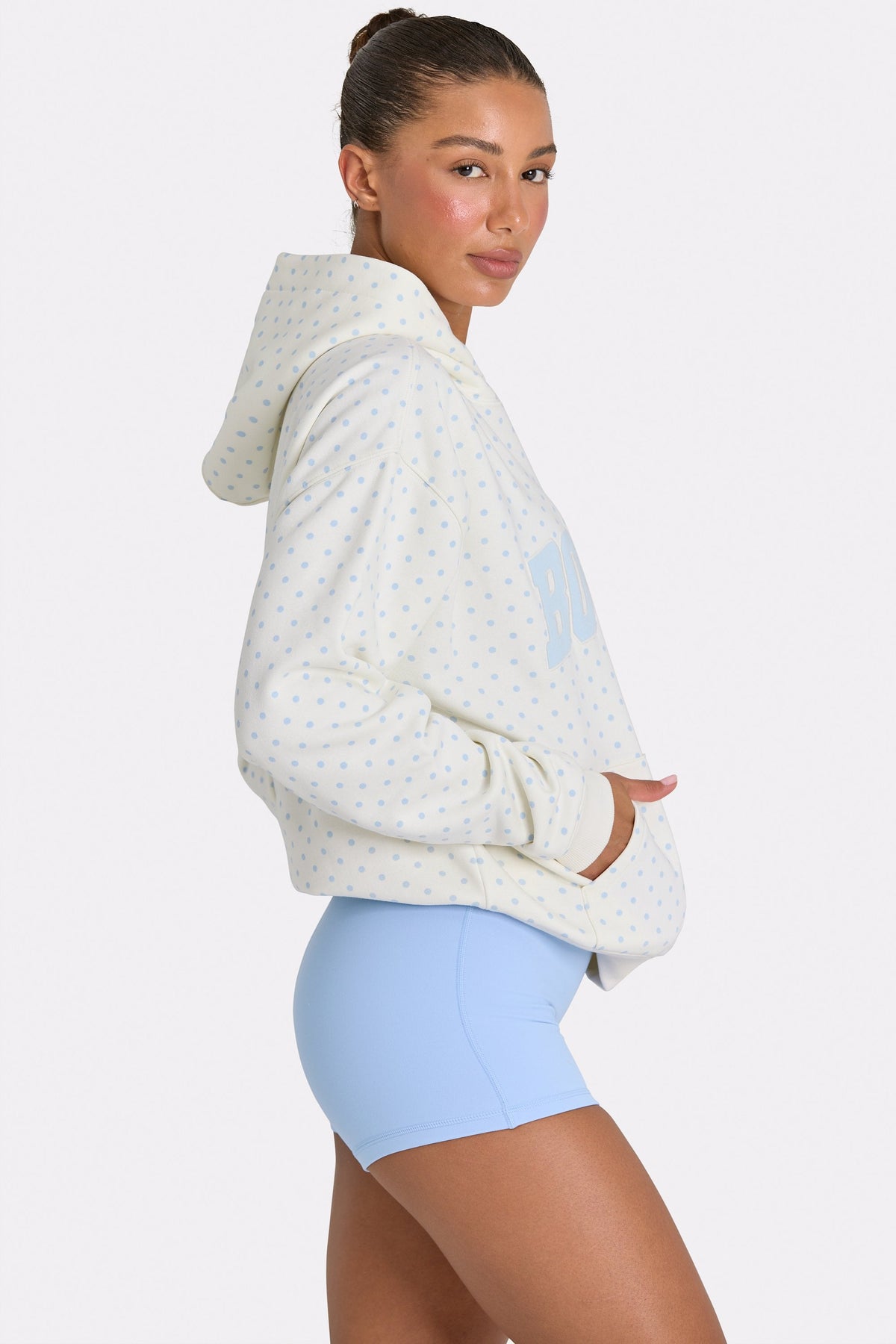 Chic Oversized Applique Hoodie in Coconut Polka Dot