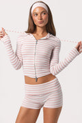 Chic Ribbed Jersey Cropped Hoodie in Pink Stripe