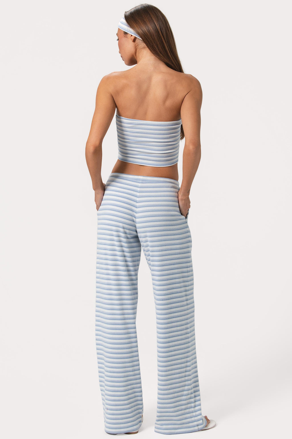 Chic Ribbed Jersey Low-Rise Trousers in Blue Stripe