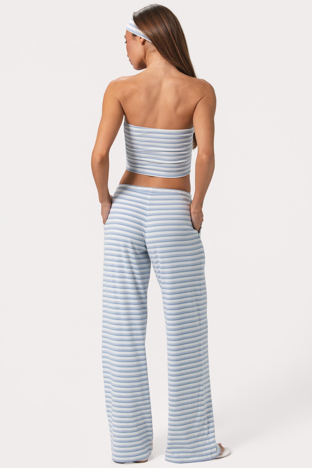 Chic Ribbed Jersey Low-Rise Trousers in Blue Stripe