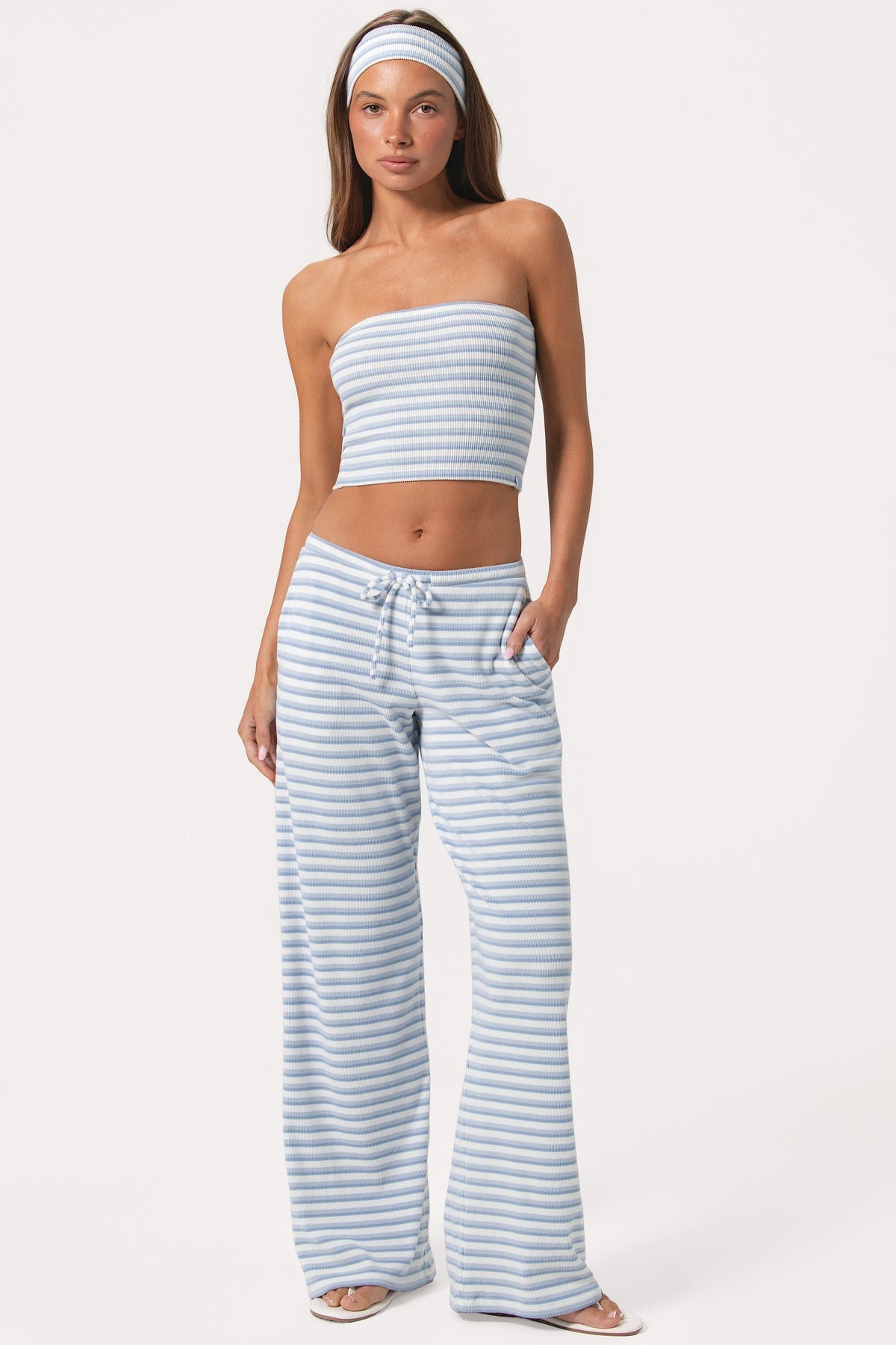 Chic Ribbed Jersey Bandeau Top in Blue Stripe
