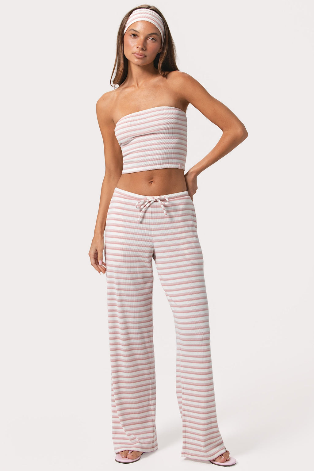 Chic Ribbed Jersey Bandeau Top in Pink Stripe