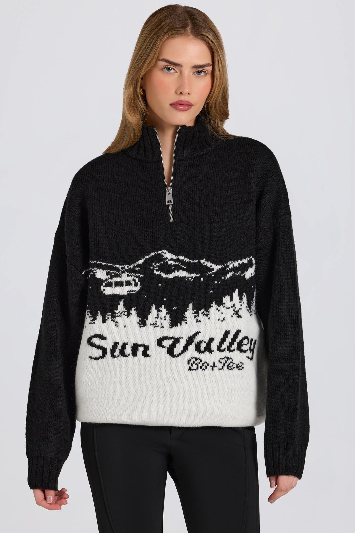 Chic Knit Quarter-Zip Turtleneck Oversized Jumper in Black