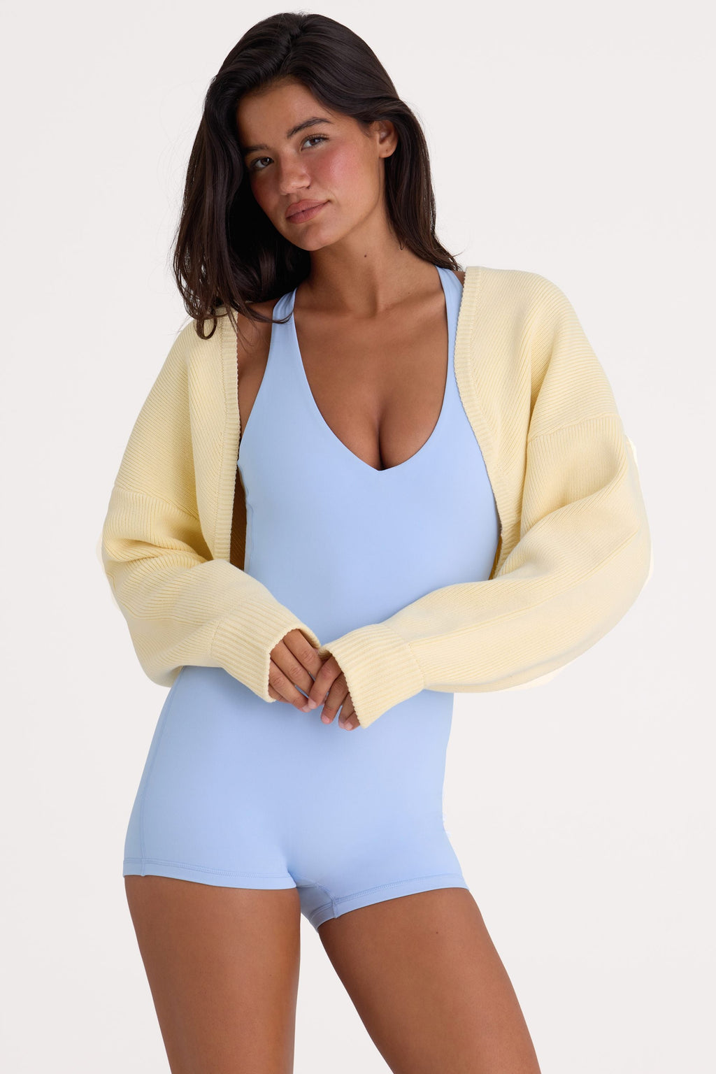 Chic Ribbed-Knit Cropped Shrug in Lemon