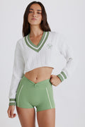 Chic Cable Knit Cotton Cropped Jumper in Green Ivory