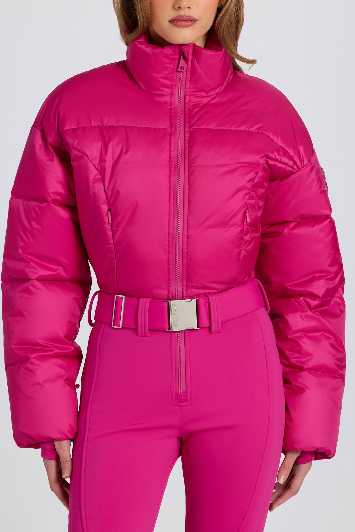 Chic Waterproof Padded Belted Ski Suit in Magenta Pink