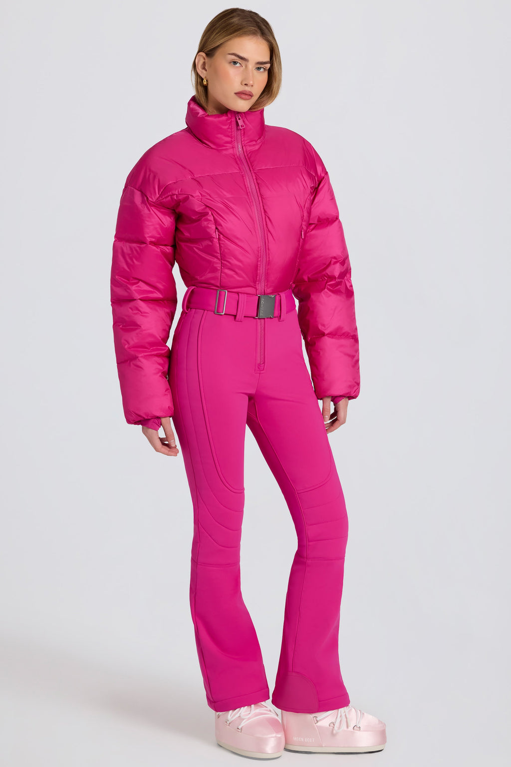 Chic Waterproof Padded Belted Ski Suit in Magenta Pink
