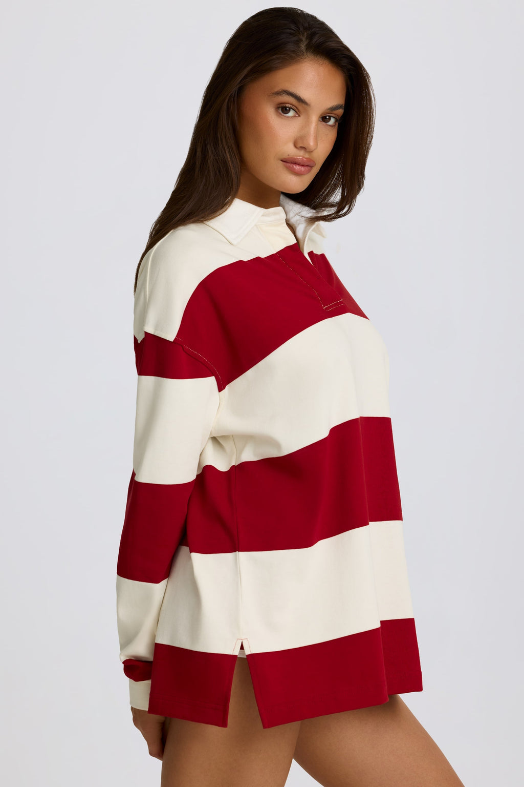Chic Striped Oversized Long-Sleeve T-Shirt in Dark Red