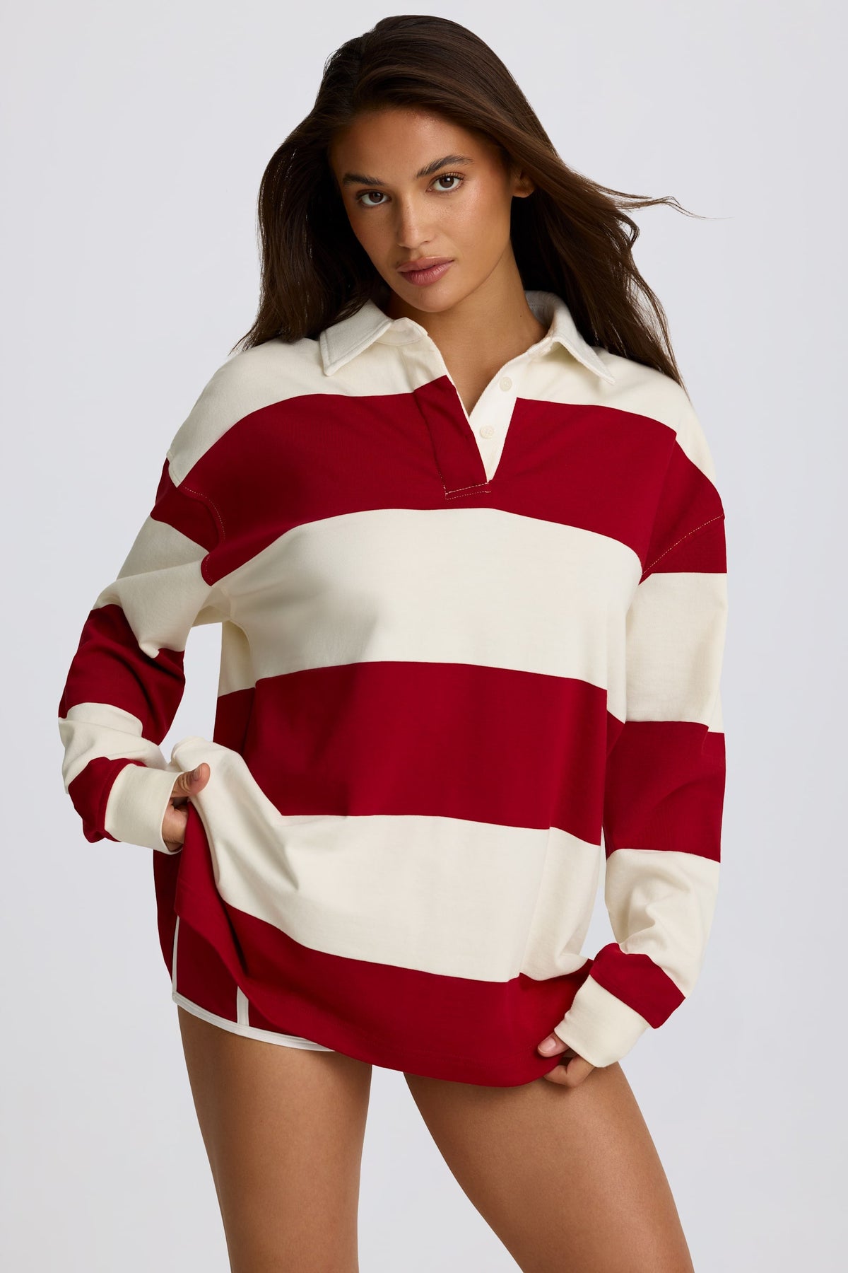 Chic Striped Oversized Long-Sleeve T-Shirt in Dark Red