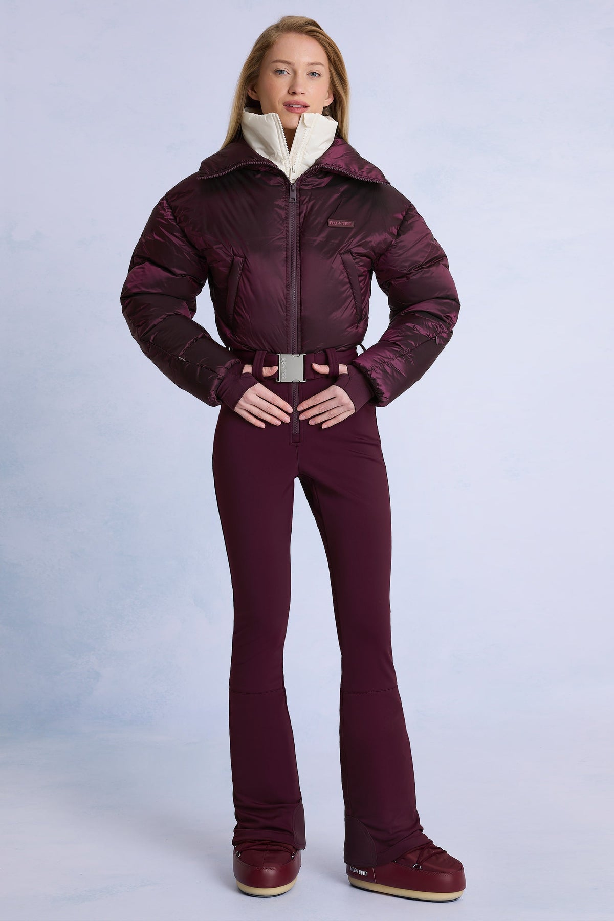 Chic Waterproof Belted Layered Ski Suit in Burgundy