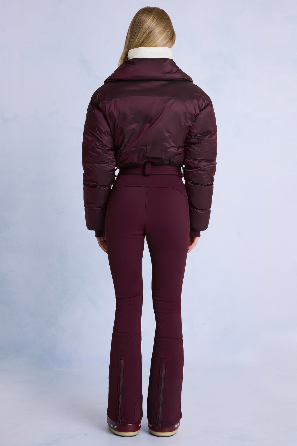 Chic Waterproof Belted Layered Ski Suit in Burgundy