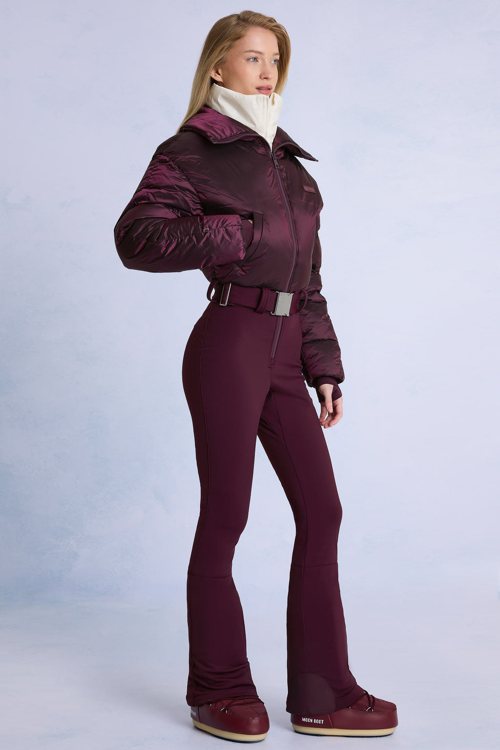 Chic Waterproof Belted Layered Ski Suit in Burgundy