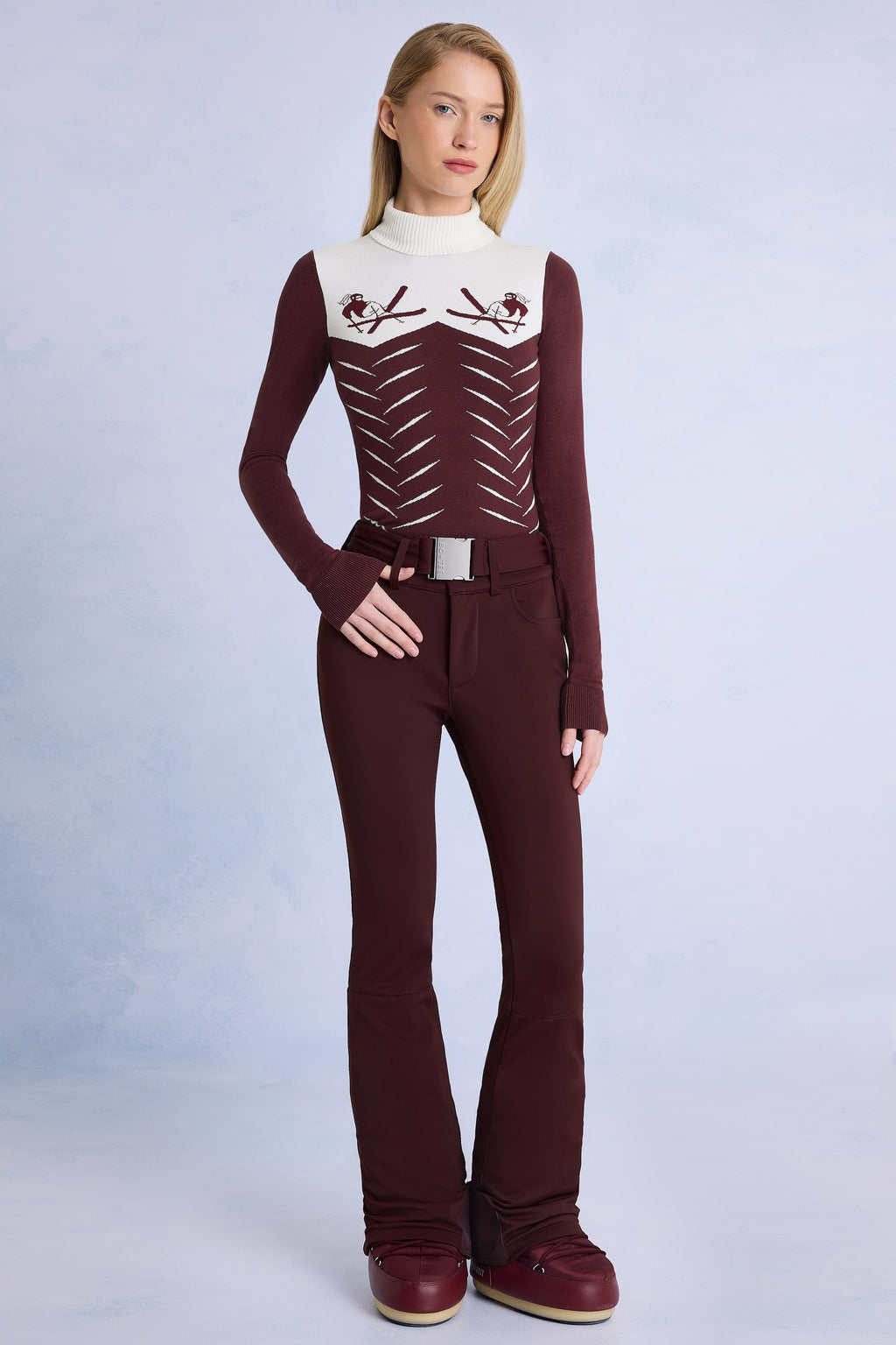 Chic Waterproof Belted Ski Salopettes in Burgundy