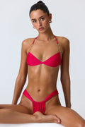 Chic Embellished Ruched Halterneck Bikini Top in Raspberry Pink