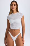 Chic Sheer Ruched Cropped T-Shirt in White