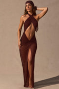 Chic Cut-Out Halterneck Maxi Dress in Espresso Brown