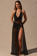 Chic Cowl-Neck Plunge Maxi Dress in Black