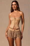Chic Fringed Low-Rise Mini Shorts in Tan