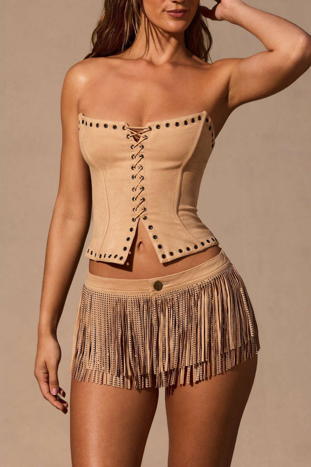 Chic Fringed Low-Rise Mini Shorts in Tan