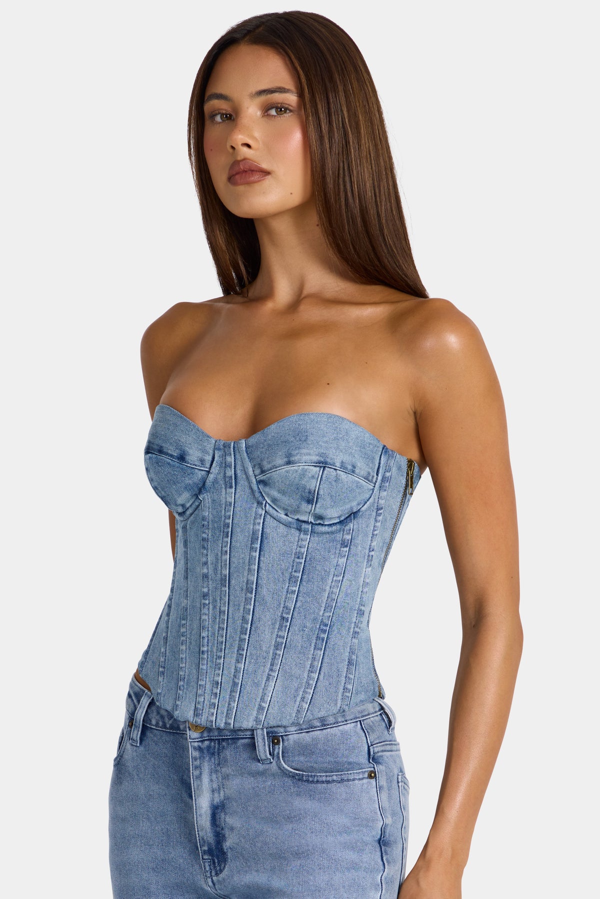 Chic Denim Corset Top in Mid-Blue