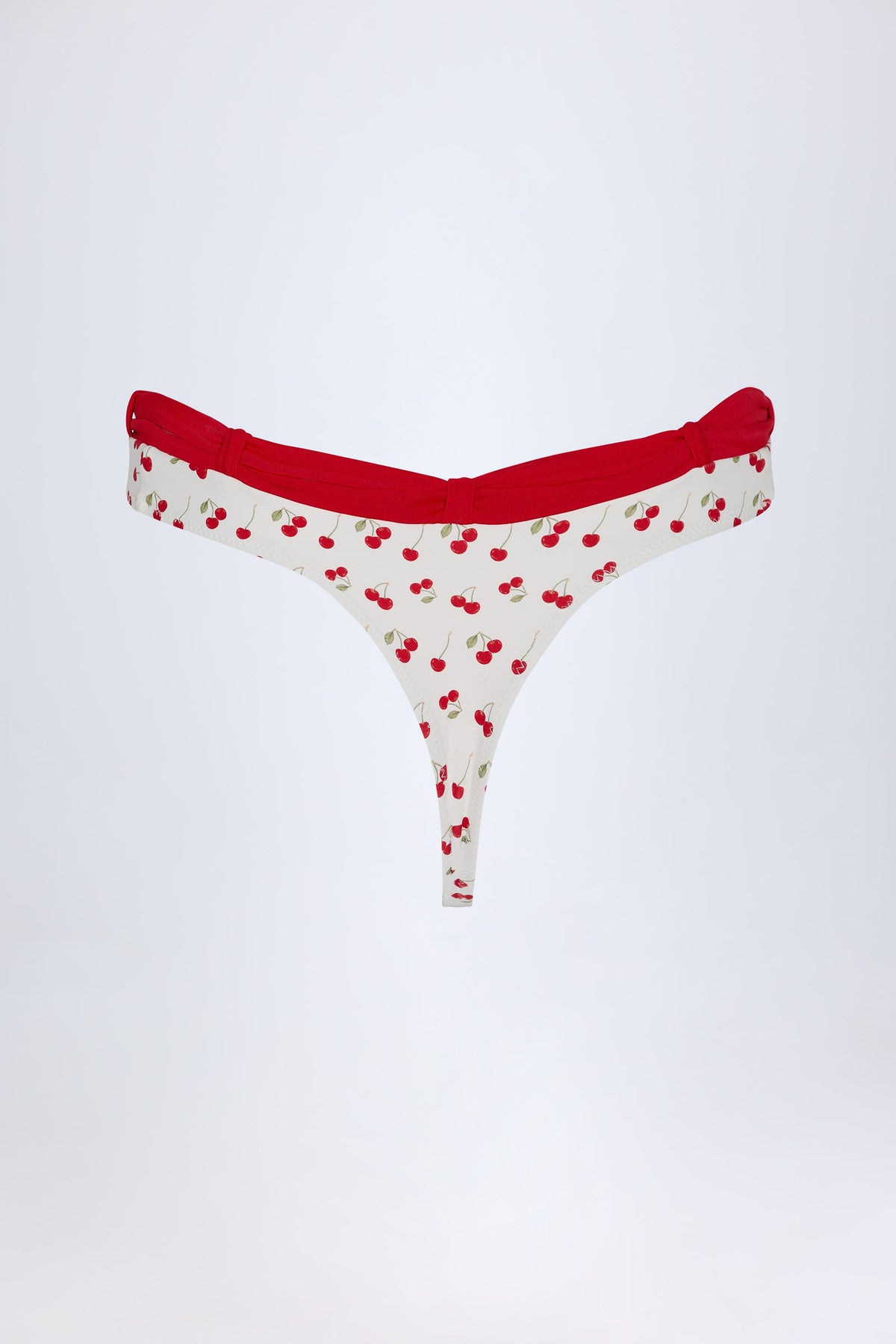 Chic Contrast Belted Thong Bikini Bottoms in Cherry Print