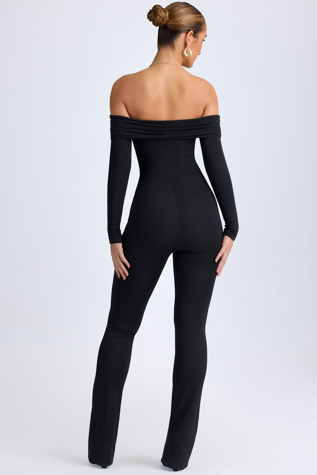 Chic Modal Off-Shoulder Ruched Jumpsuit in Black